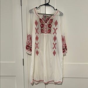 Johnny Was White and Red Embroidered Midi Dress